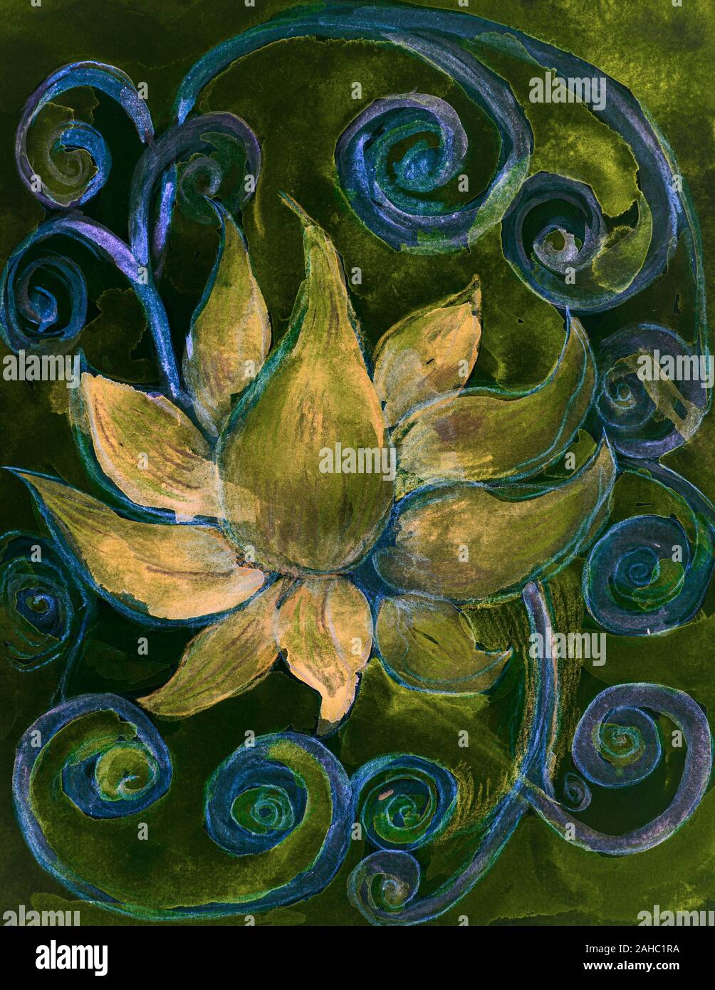 Golden lotus flower with blue curls on a green background. The dabbing technique near the edges gives a soft focus effect due to the altered surface r Stock Photo