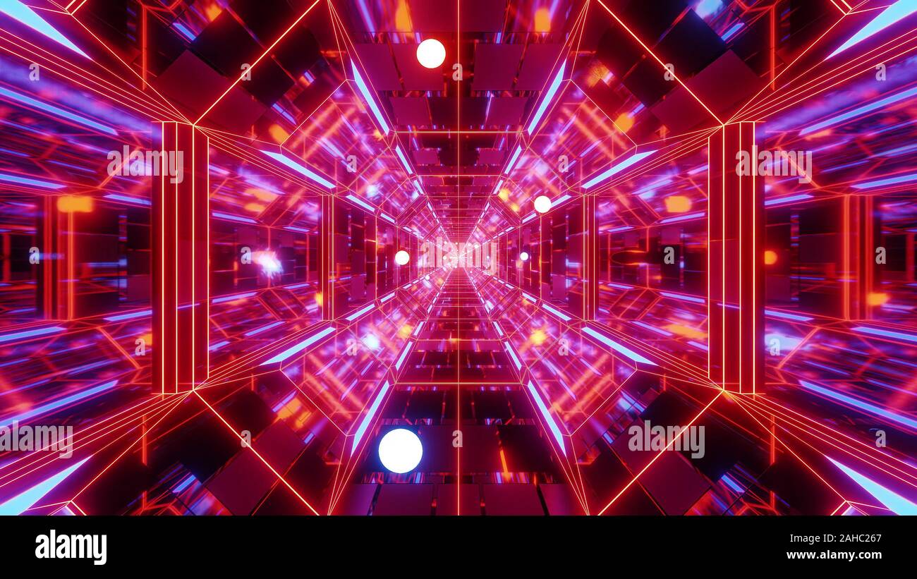 endlless science-fiction space galaxy glass tunnel corridor with flying glowing sphere particles 3d illustration wallpaper background Stock Photo