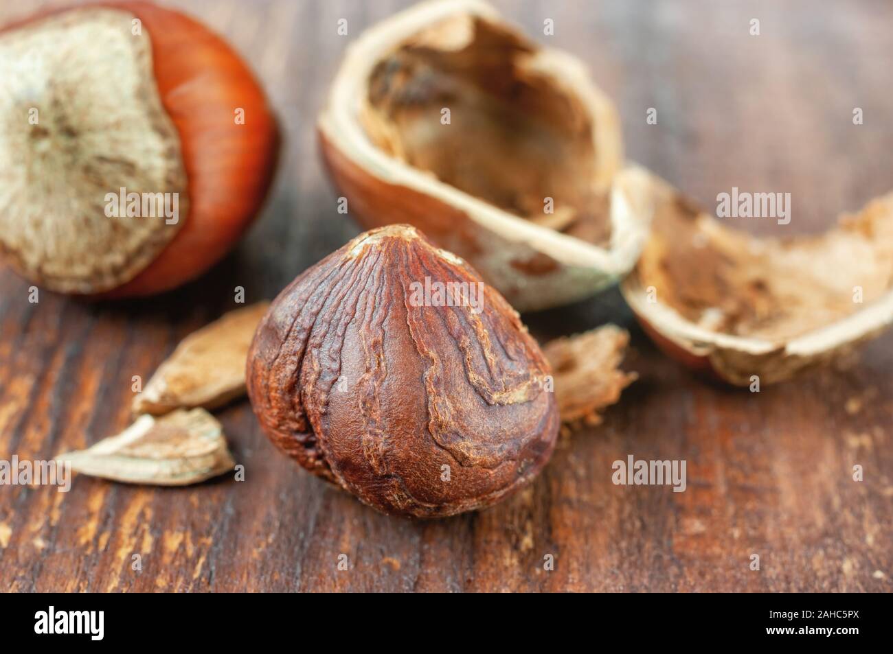 Hazelnut on wooden background Stock Photo