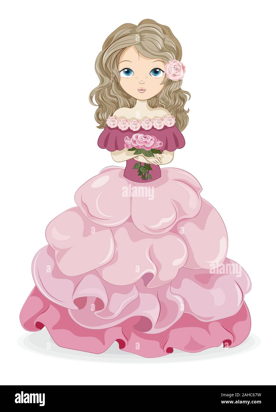 Rose flower beautiful princess in pink dress with bouquet. Picture in hand drawing  cartoon style, for print shop. t-shirt wear fashion design, greetin Stock  Vector Image & Art - Alamy