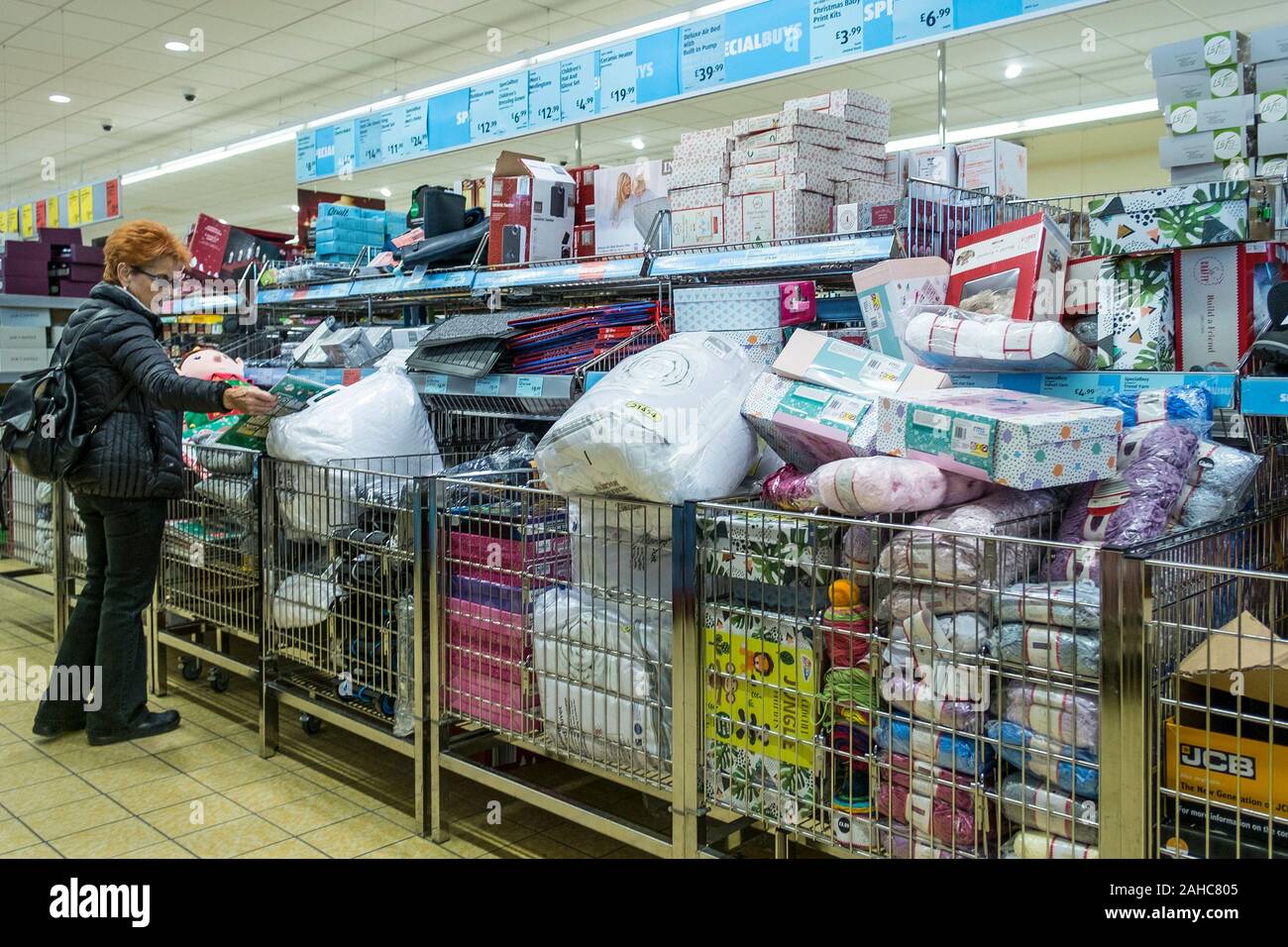 Goods on display in an aisle in ALDI Supermarket in Newquay in Cornwall. Stock Photo