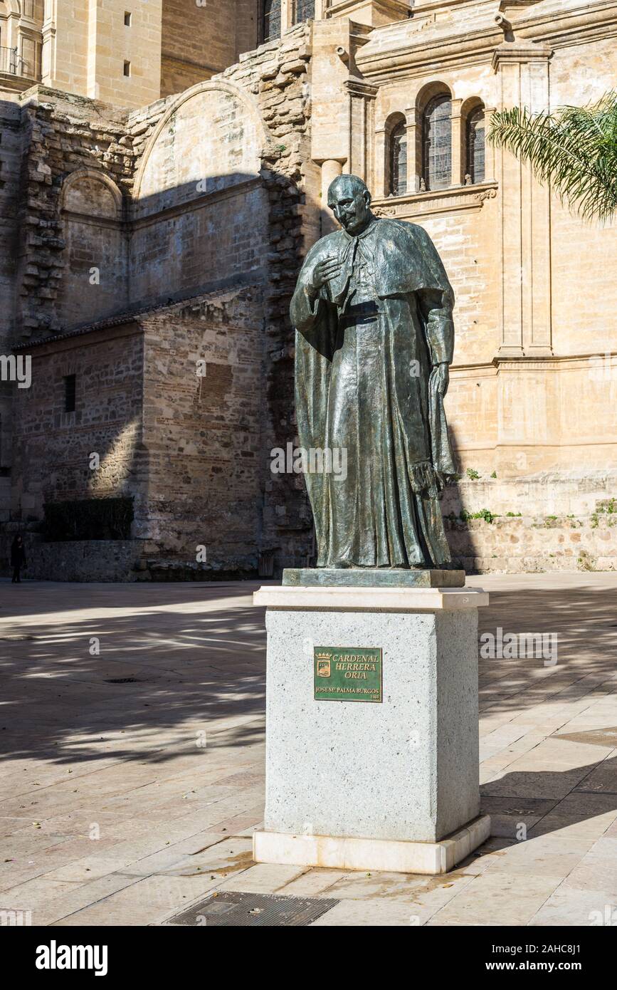 Malaga, Spain - December 4, 2018: Cardenal Herrera Oria Statue near by Cathedral of Malaga, Andalusia, southern Spain. Stock Photo