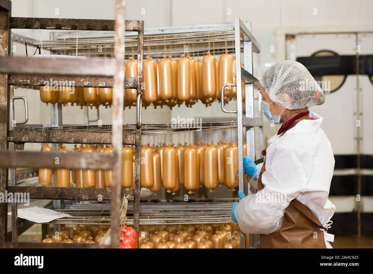 Workwoman carrying trolley with sausages hanging on racks prepared for