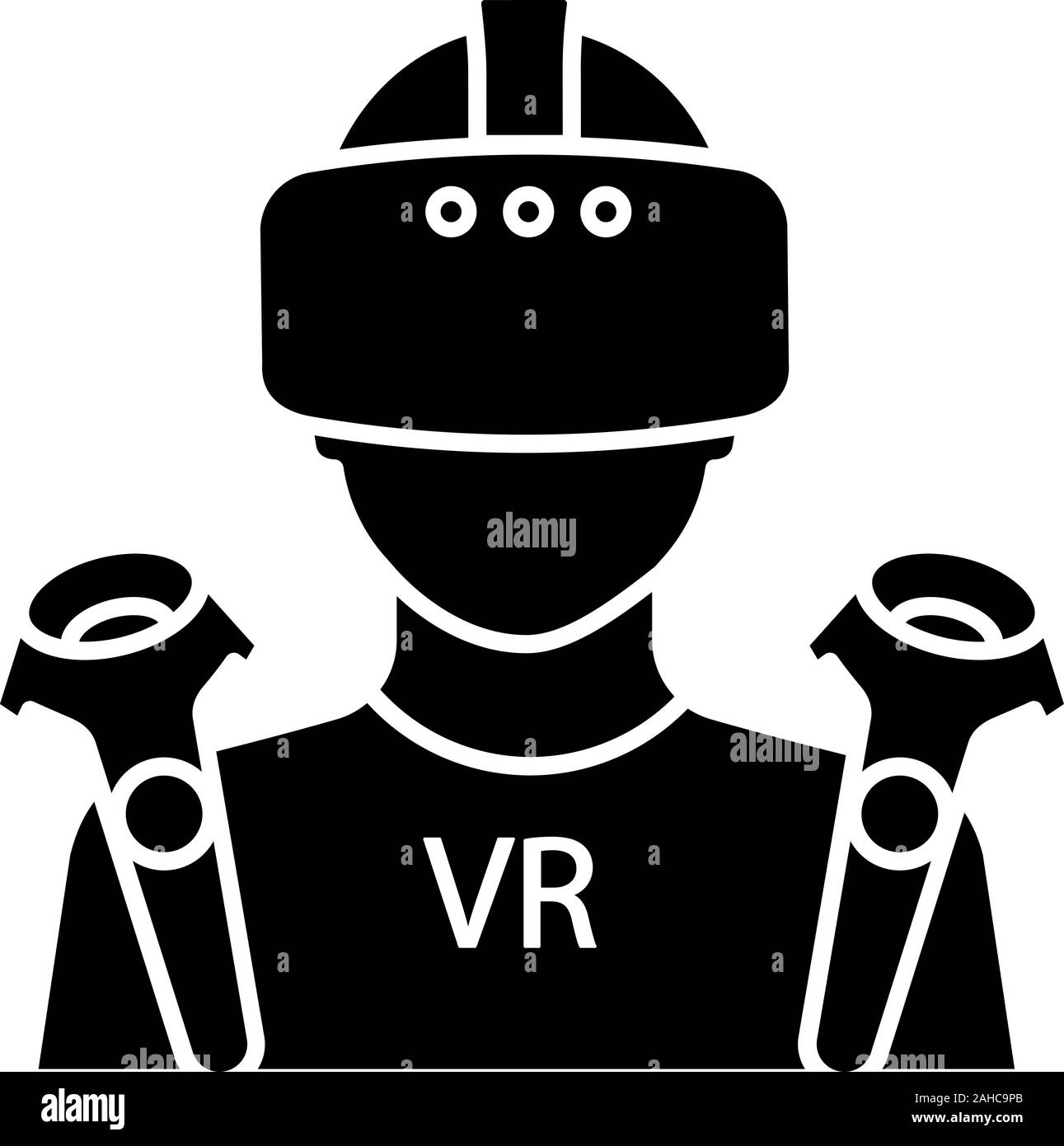 VR player glyph icon. Silhouette symbol. Virtual reality player. Man with VR mask, glasses, headset and wireless controllers. Negative space. Vector i Stock Vector