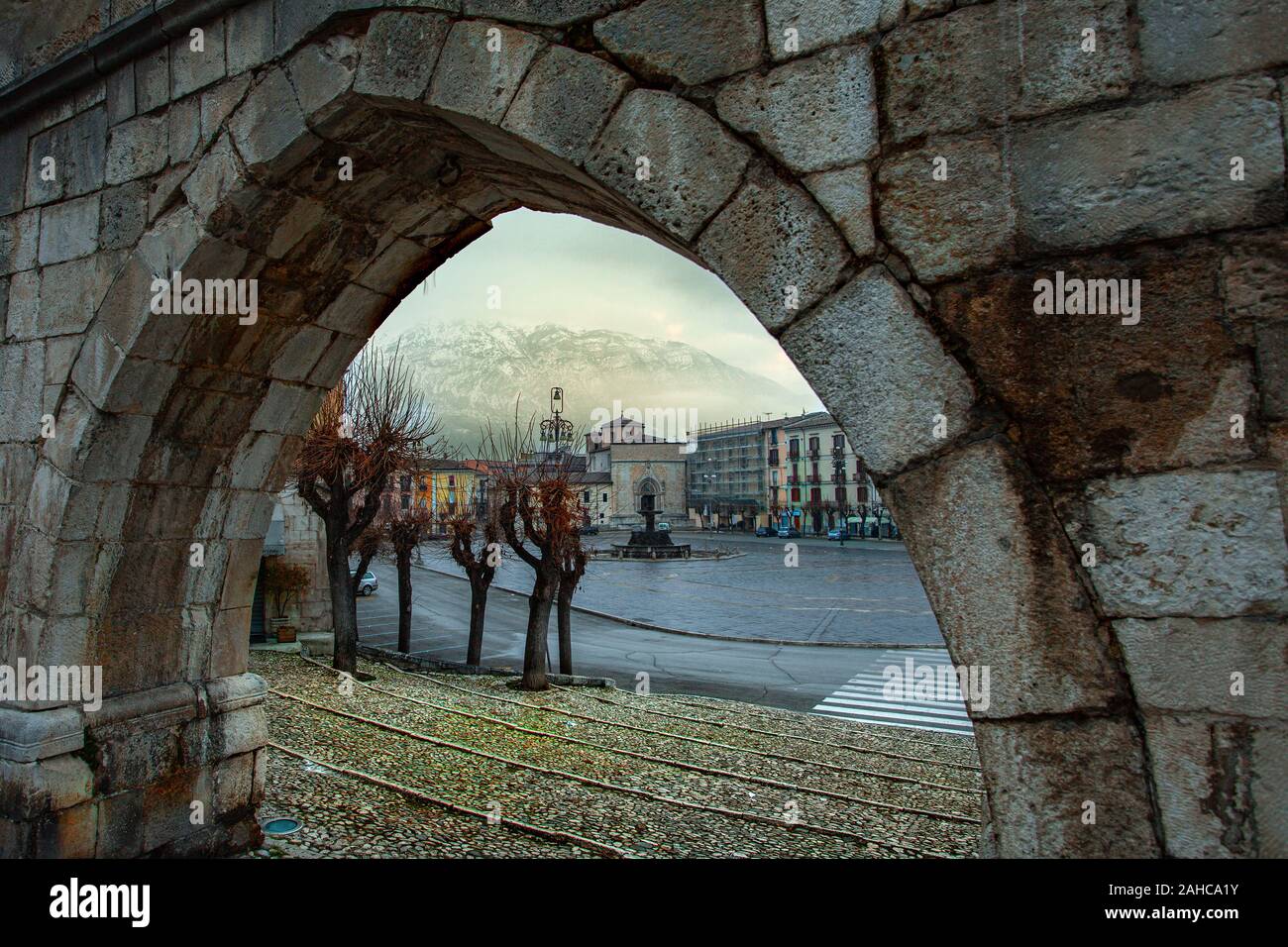 Sulmona; Garibaldi square with medieval aqueduct Stock Photo