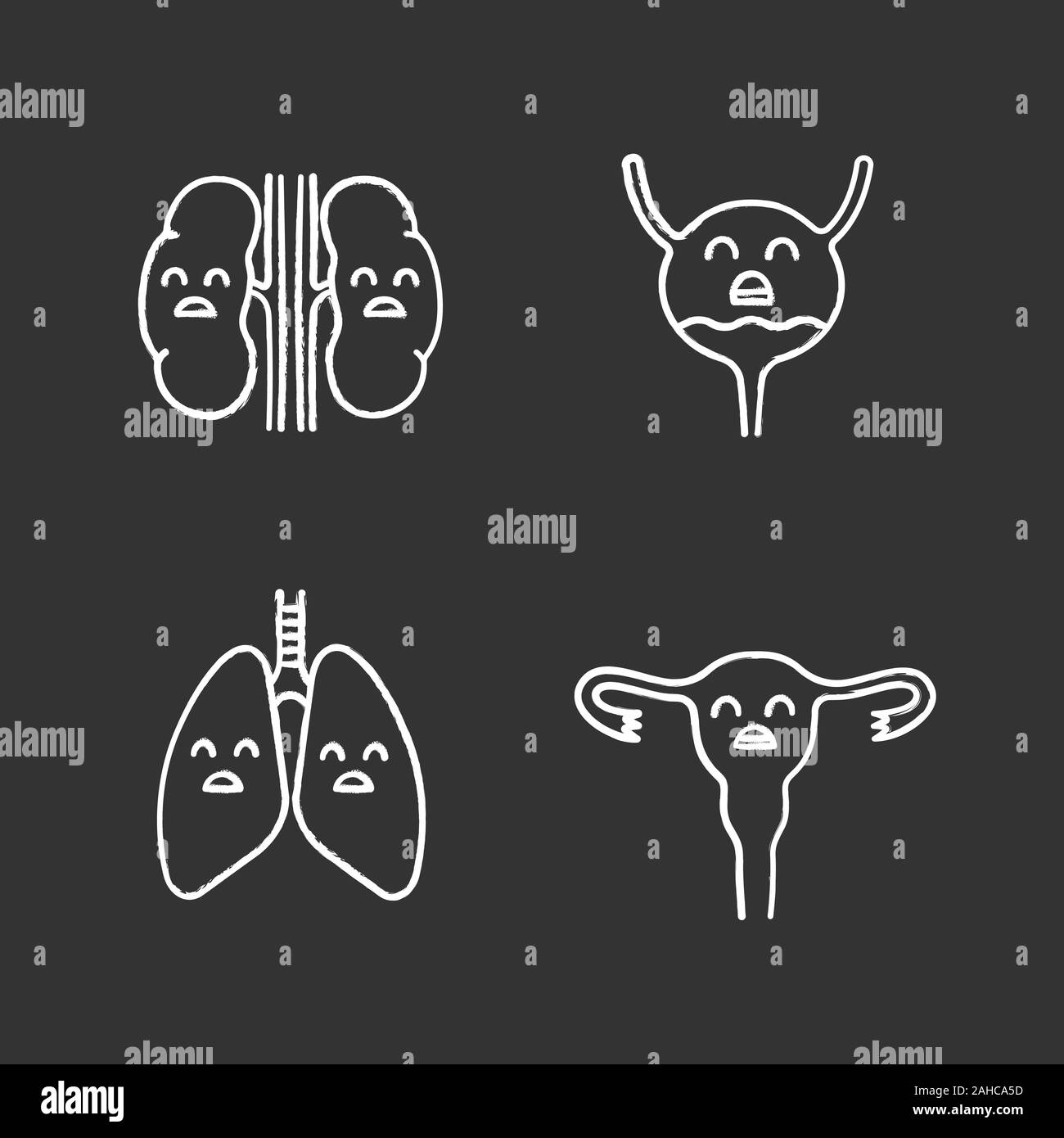 Sad human internal organs chalk icons set. Unhappy kidneys, urinary ...