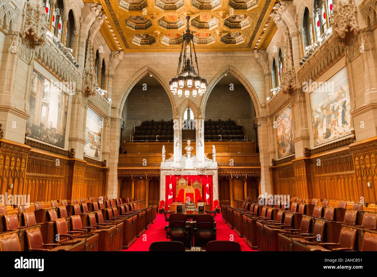 June 2019. Interior of the Canadian Senate Chamber (Parliament Hill, Ottawa, Ontario, Canada). Beautiful gothic architecture, wood & stone work. Stock Photo