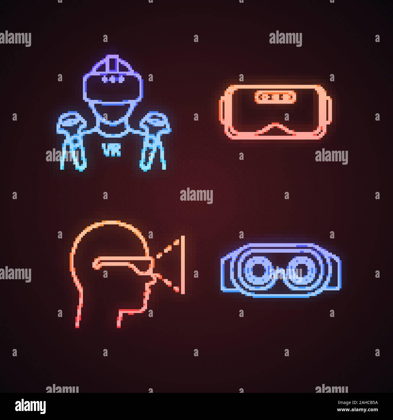 Virtual reality neon light icons set. VR player with mask, wireless ...