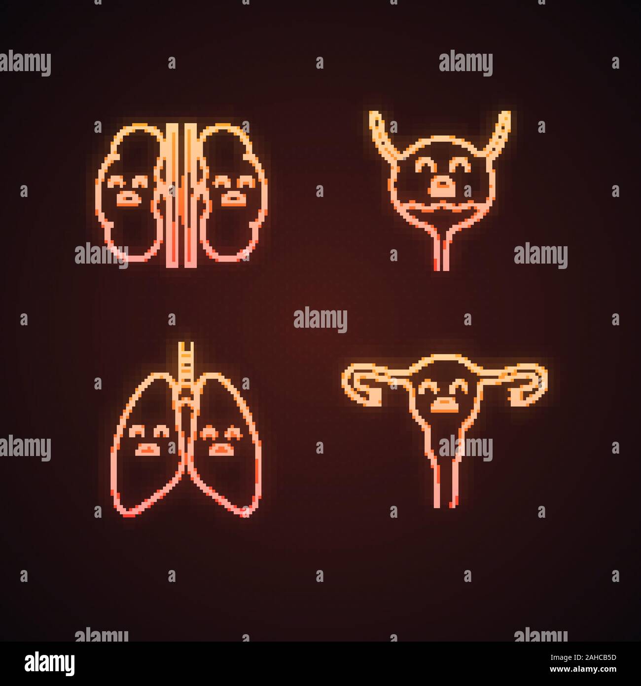 Sad human internal organs neon light icons set. Unhappy kidneys ...