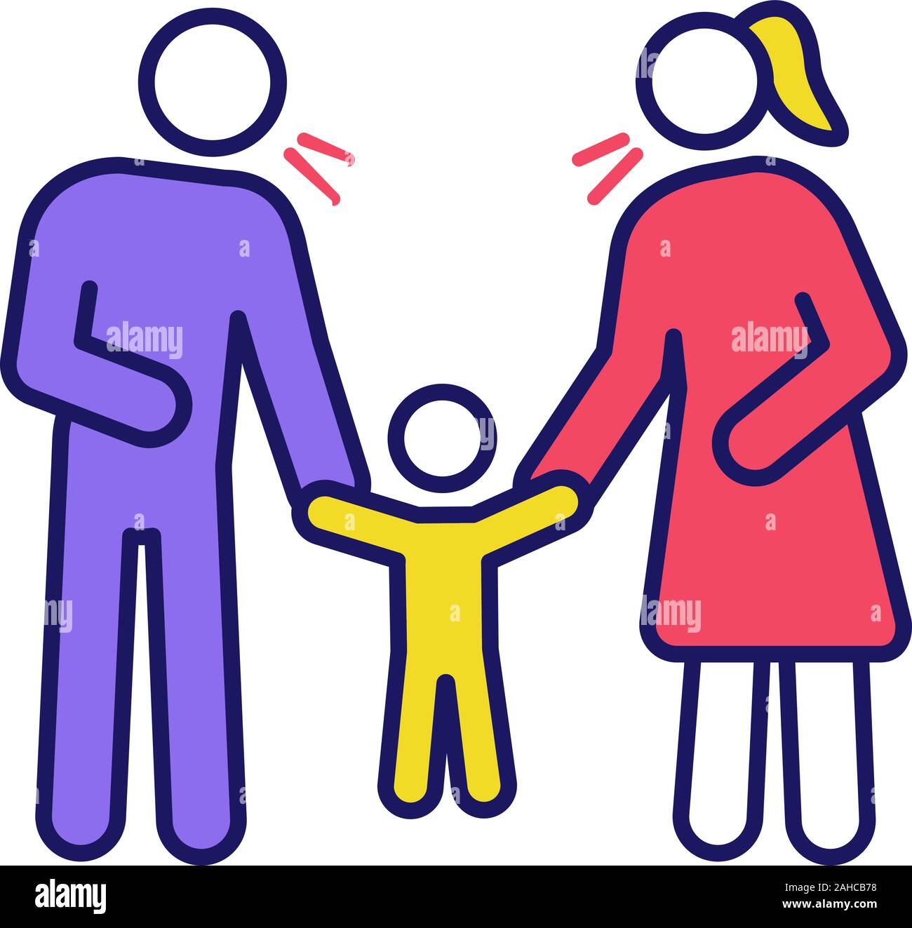 Parents scolding child color icon. Mother and father discipline kid. Parents arguing and punishing son, daughter. Child rights violation. Isolated vec Stock Vector