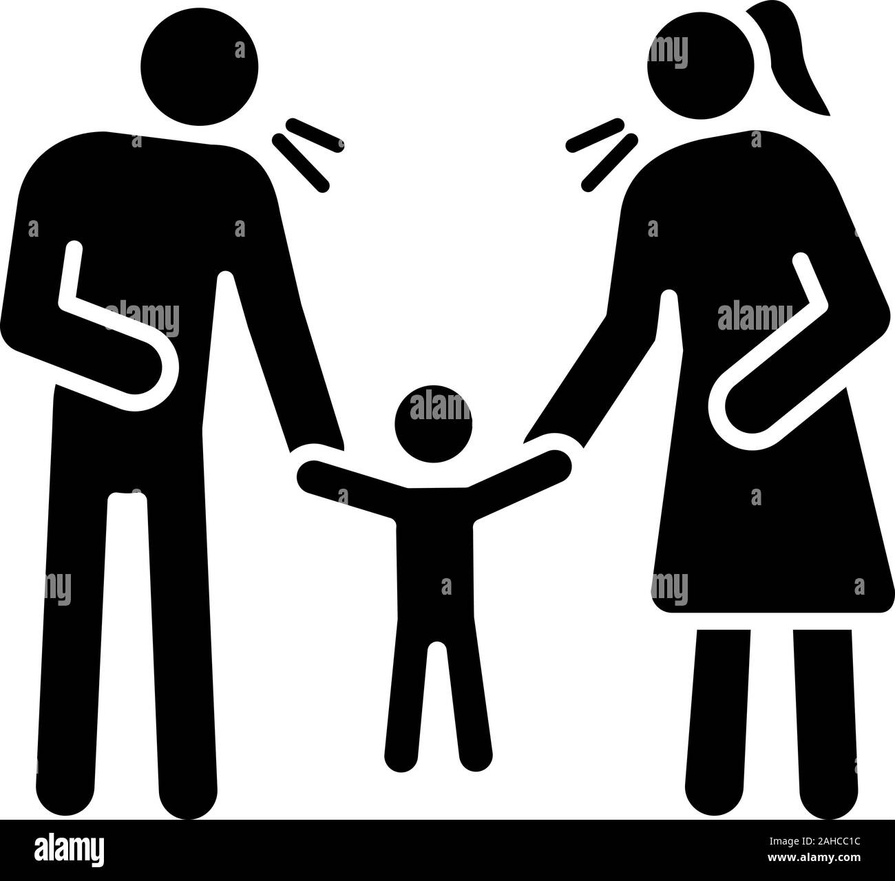 Parents scolding child glyph icon. Silhouette symbol. Mother and father discipline kid. Parents arguing and punishing son. Child rights violation. Neg Stock Vector