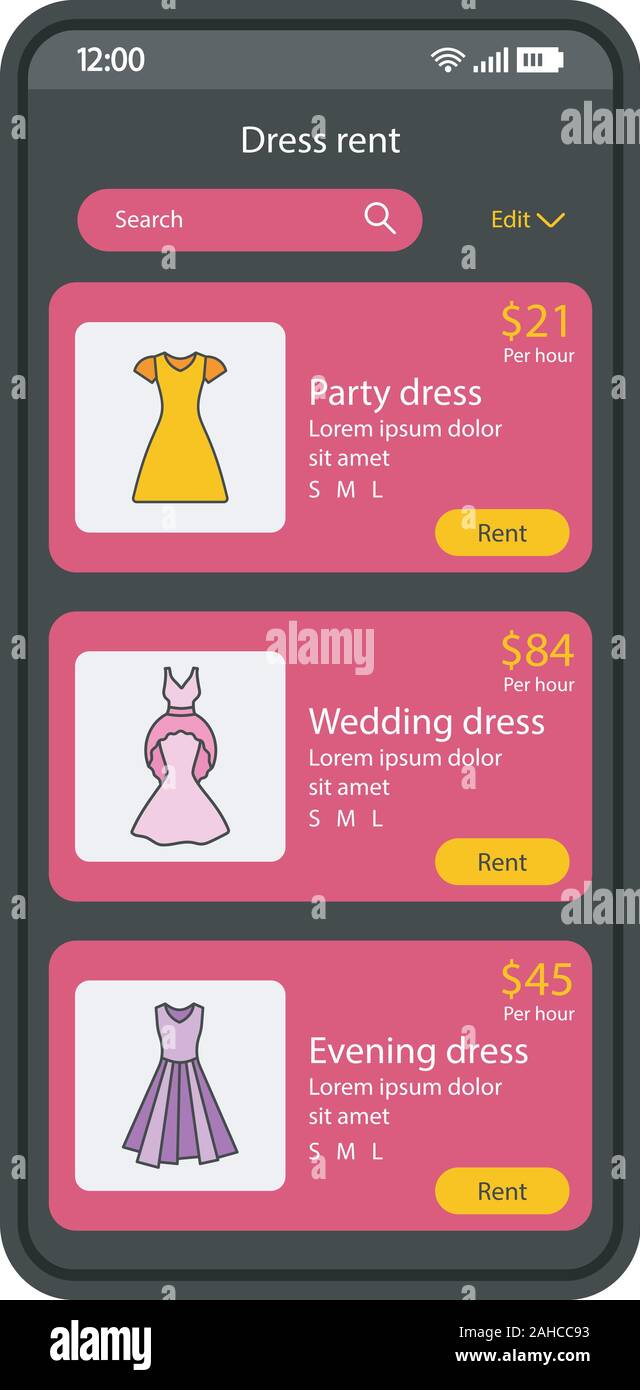 Clothes rent app smartphone interface vector template. Mobile shopping  application page black design layout. Party, wedding, evening dresses  rental sc Stock Vector Image & Art - Alamy