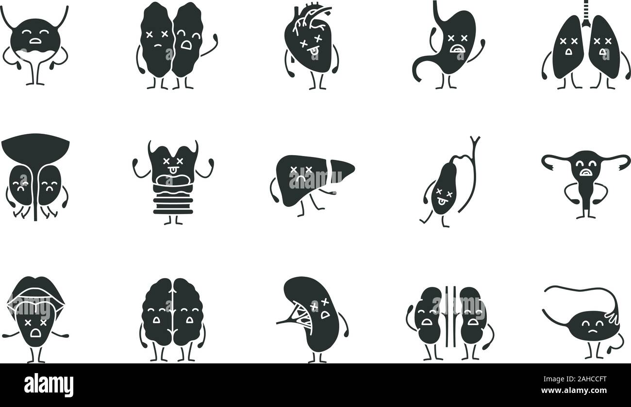 Sad human internal organs characters glyph icons set. Silhouette ...