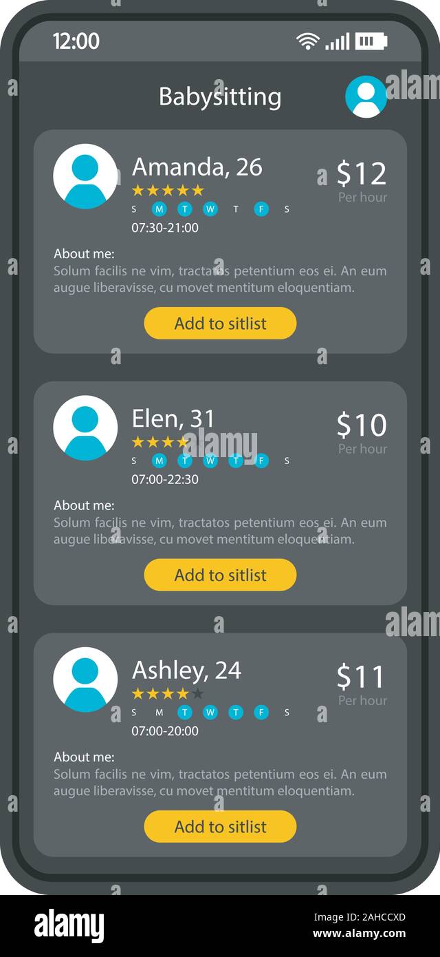 Babysitting app smartphone interface vector template. Mobile page black