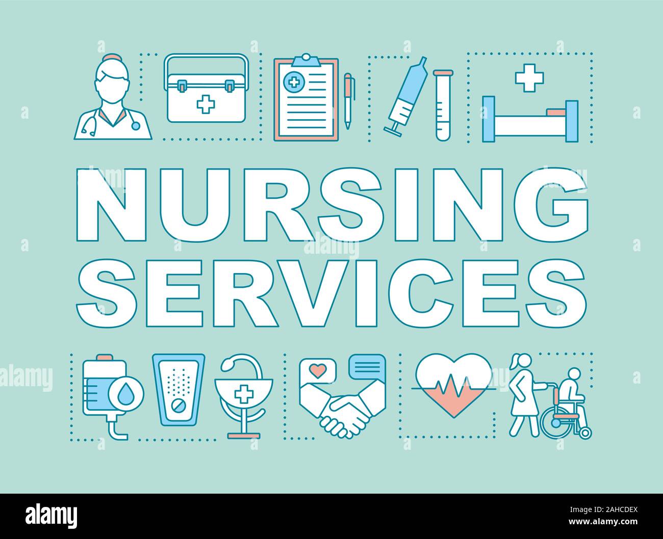 Nursing service word concepts banner. Medicine and healthcare. Home care. Living assistance. Caregiver, carer. Presentation, website. Isolated letteri Stock Vector