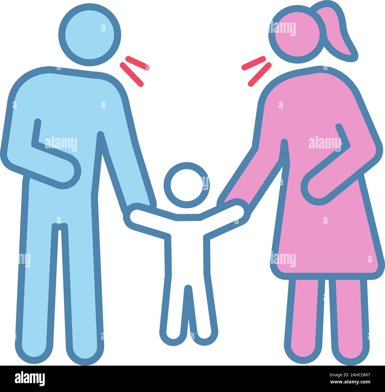 Parents scolding child color icon. Mother and father discipline kid. Parents arguing and punishing son, daughter. Child rights violation. Isolated vec Stock Vector