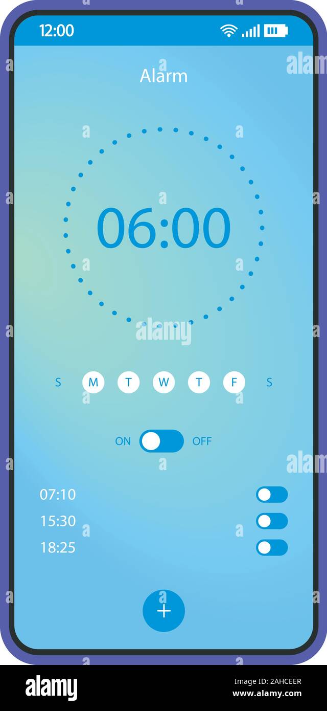 Alarm clock app smartphone interface vector template. Mobile wake up  application page blue design layout. On, off options screen. Gradient flat  UI for Stock Vector Image & Art - Alamy