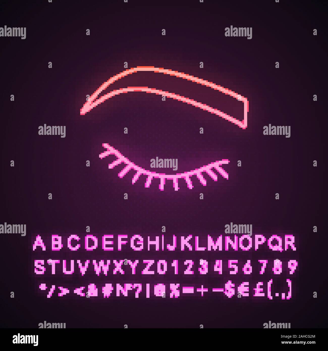 Closed woman eye neon light icon. Before eyelash extension. Soft angled ...