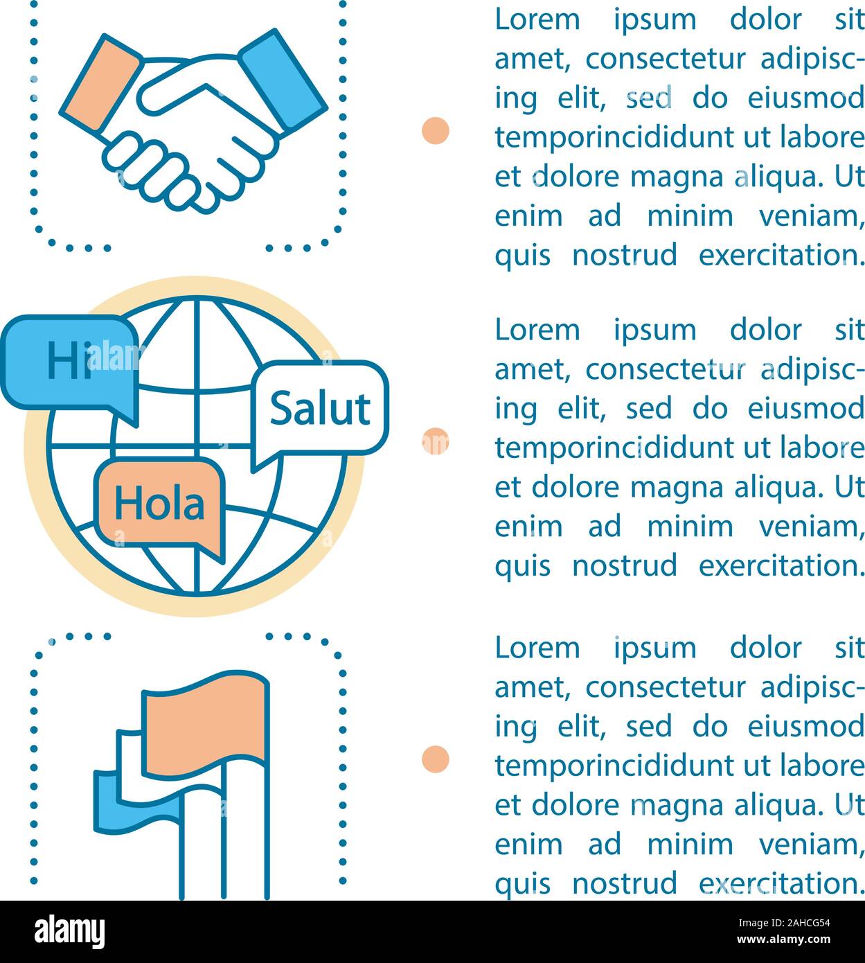 Language learning article page vector template. Brochure, magazine, booklet design element with text boxes. Foreign language for business courses, sch Stock Vector