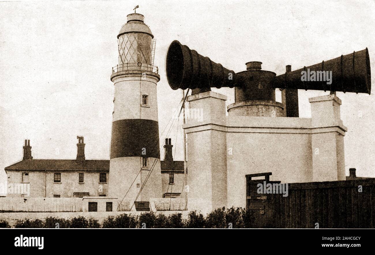 1930's photograph of the Fog Siren at Souter Point Lighthouse at the River Tyne Entrance at Marsden, South Shields (decommissioned in 1988  from active service) gave 4 second blasts every minute. The lighthouse originally intended to be called Lizard Point Lighthouse, opened in 1871 and was the first electrically-powered lighthouse in the world.  It is now a popular tourist attraction Stock Photo