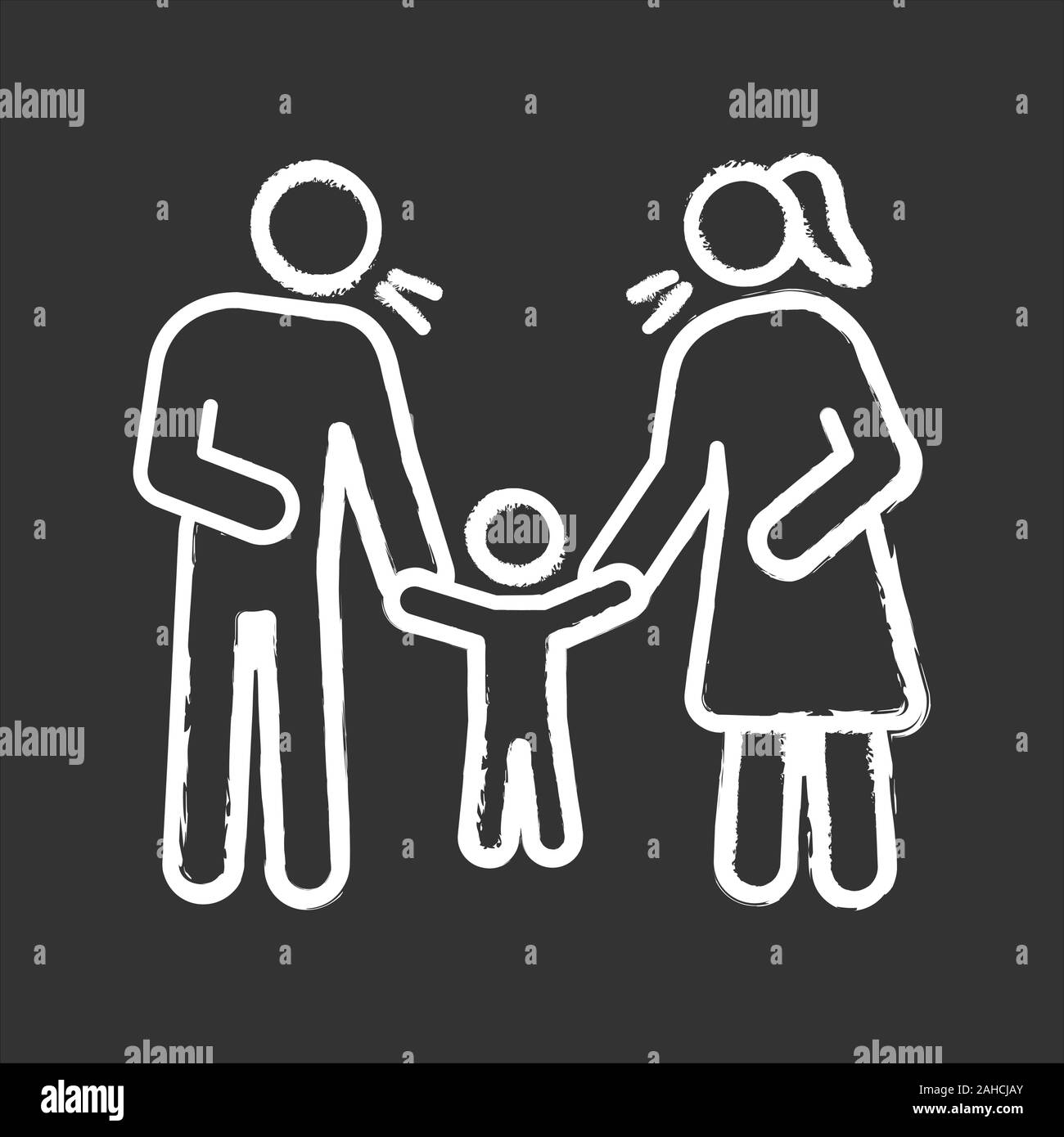 Parents scolding child chalk icon. Mother and father discipline kid. Parents arguing and punishing son, daughter. Child rights violation. Isolated vec Stock Vector