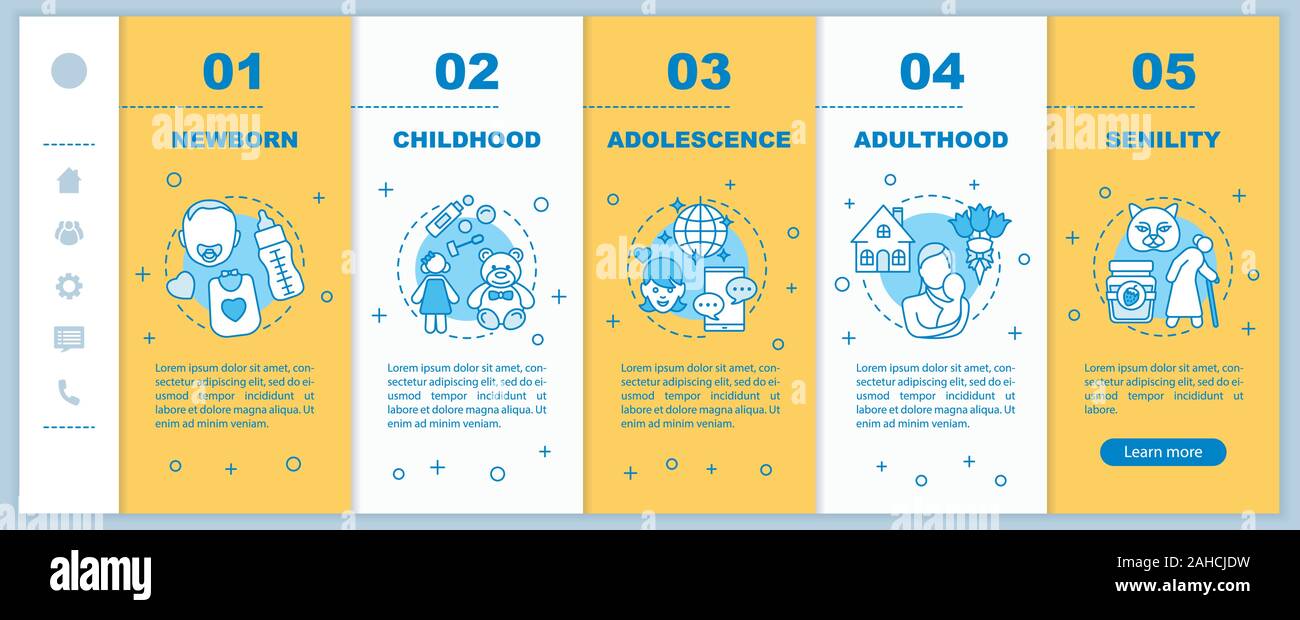 Human lifecycle onboarding mobile web pages vector template. Responsive smartphone interface idea with linear illustrations. Childhood, adulthood web Stock Vector