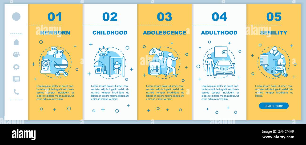 Human lifecycle onboarding mobile web pages vector template. Responsive smartphone website interface idea with linear illustrations. Adulthood, senili Stock Vector