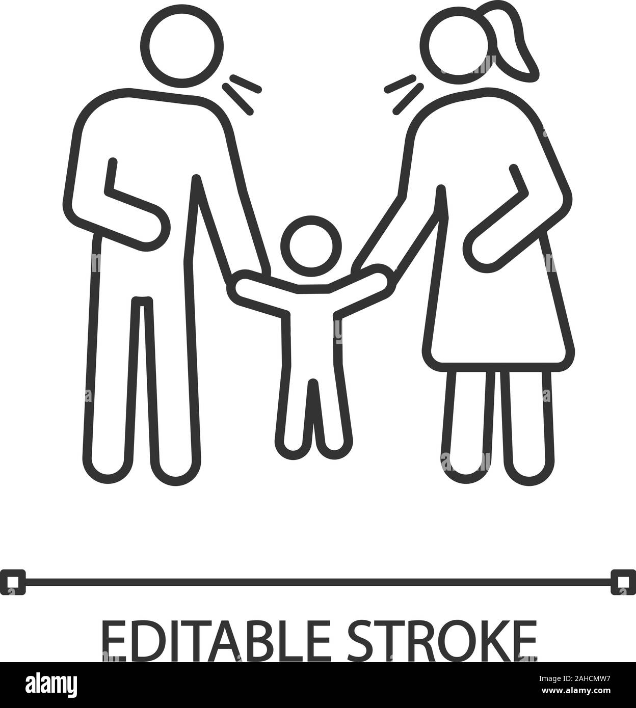 Parents scolding child linear icon. Thin line illustration. Mother and father discipline kid. Parents arguing and punishing son. Contour symbol. Vecto Stock Vector