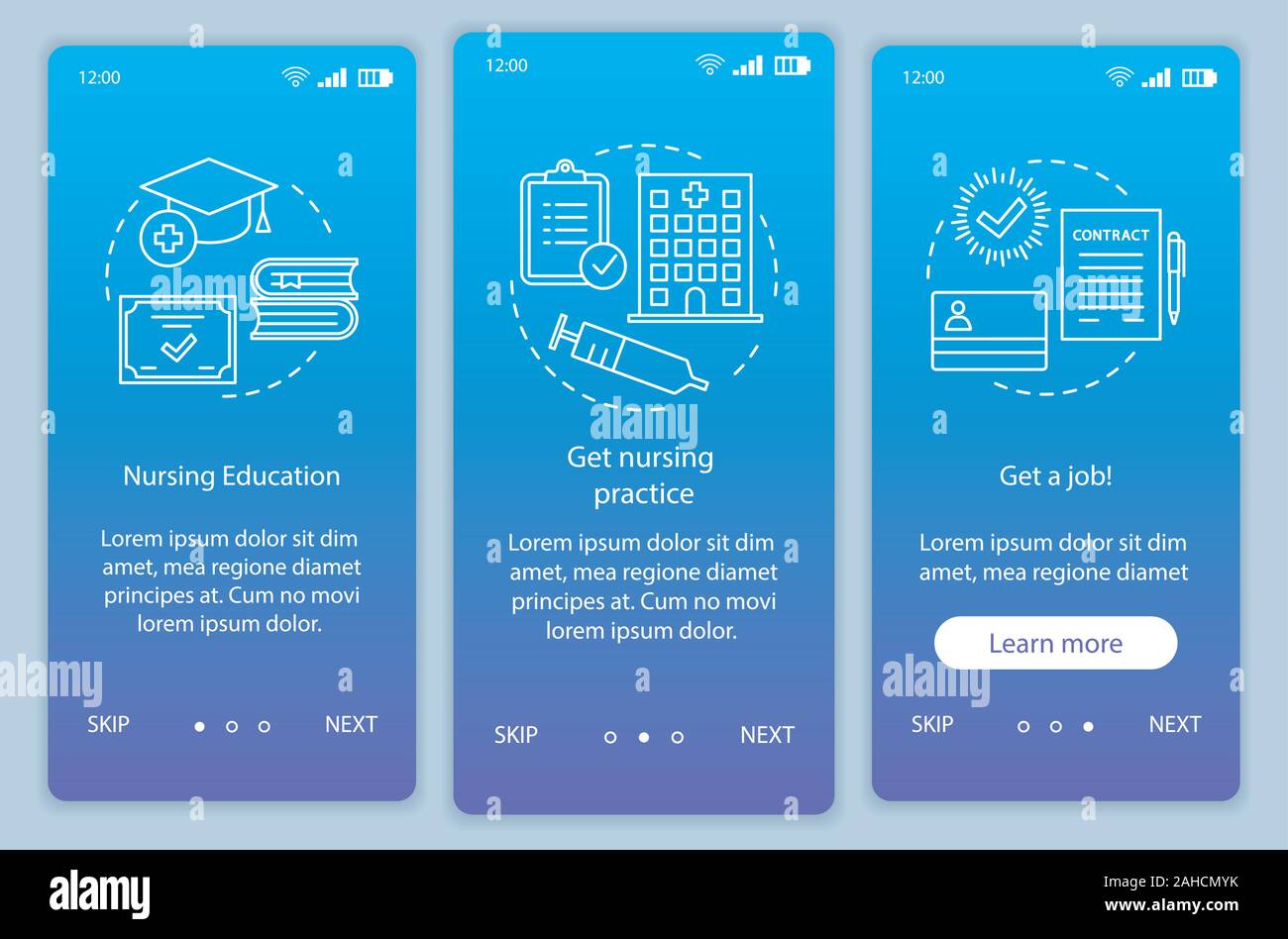 Nurse job onboarding mobile app page screen vector template. Become ...