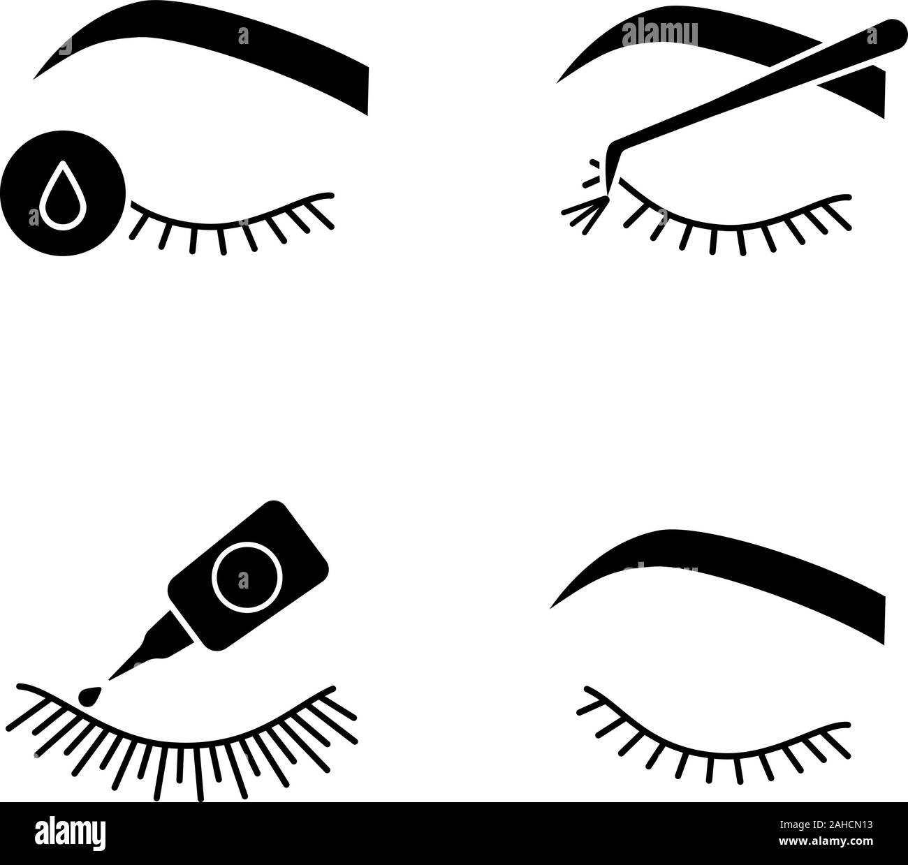Eyelash extension glyph icons set. Silhouette symbols. False lashes