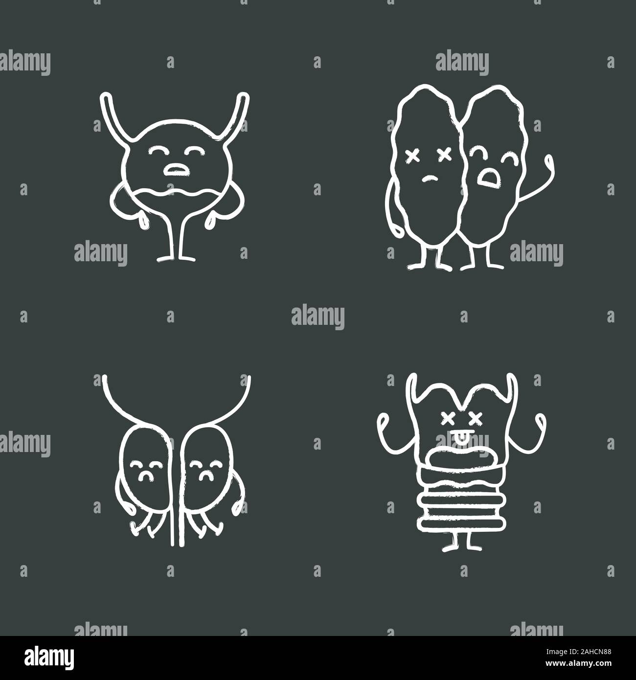 Sad human internal organs characters chalk icons set. Unhappy larynx ...