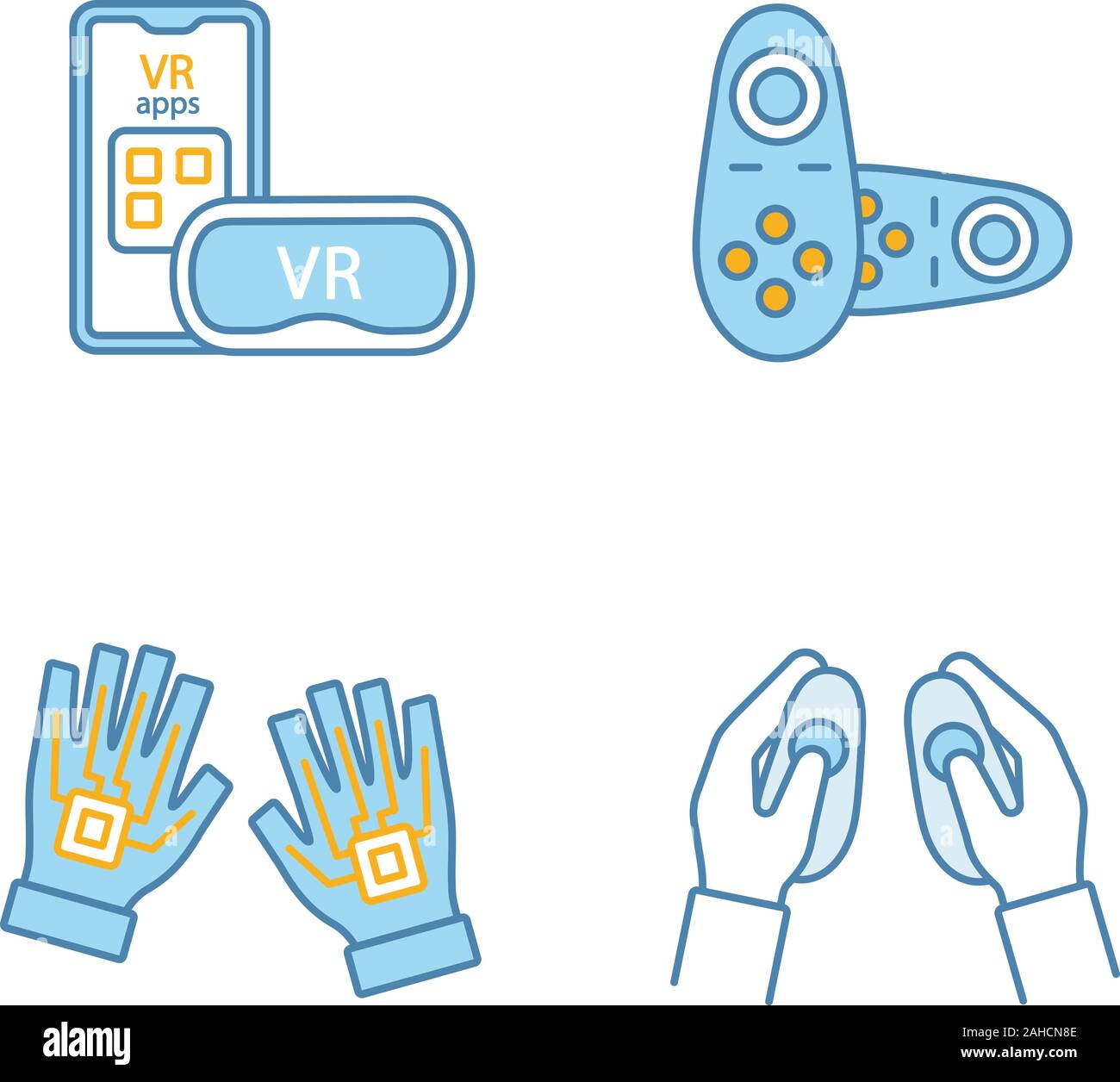 Virtual reality devices color icons set. Smartphone VR headset