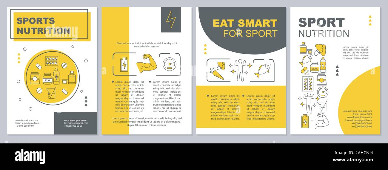 Sports nutrition brochure template. Bodybuilding. Flyer, booklet, leaflet print design. Healthy eating. Supplements and vitamins. Dieting. Vector layo Stock Vector