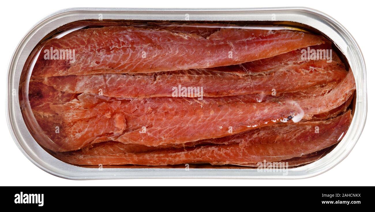Canned anchovy fillet in oil served. Isolated over white background