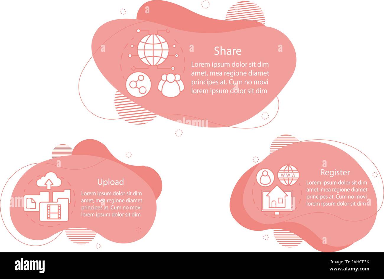 Cloud storage service concept illustrations. Virtual file hosting infographic template. Fluid elements with text and linear icons. Three wavy bubbles Stock Vector