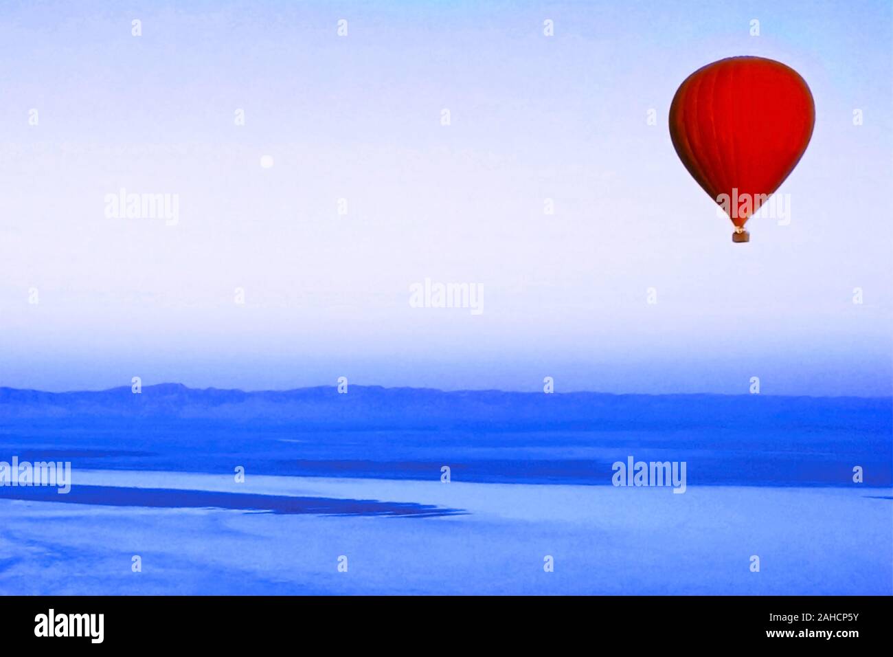 Aerostatic balloon flying over Bagan at sunrise, Myanmar Stock Photo