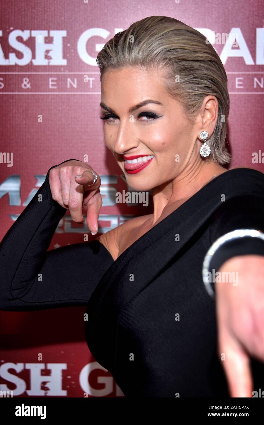 HOLLYWOOD, CA - DECEMBER  19:   Jeannine Candela Orosco arrives for the SMASH GLOBAL IX Fight Night  on December 19, 2019 2019 in Hollywood California Stock Photo