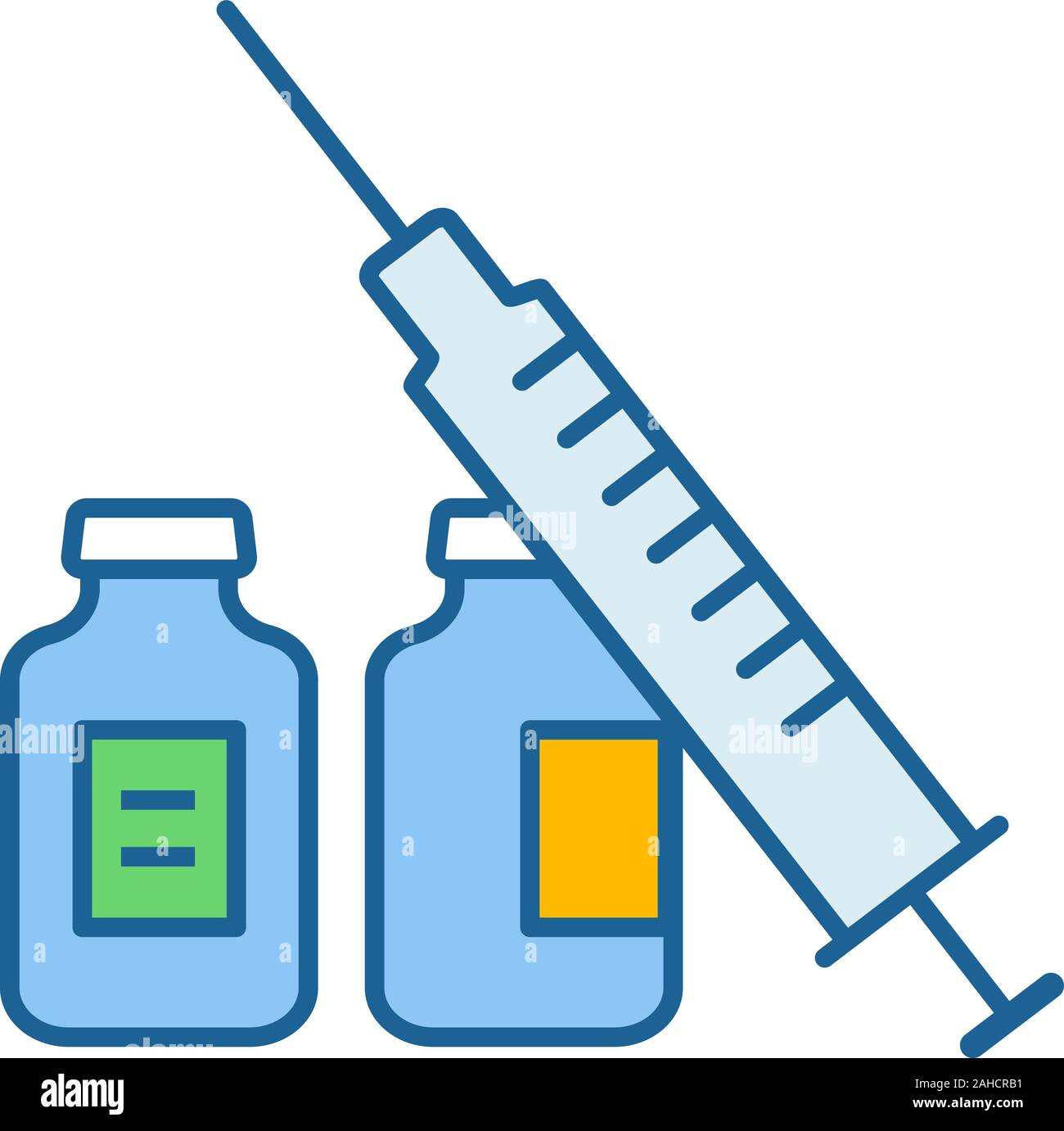 Syringe and vials color icon. Flu shot. Vaccination. Virus, infection prevention. Vaccine. Medications, drugs. Isolated vector illustration Stock Vector