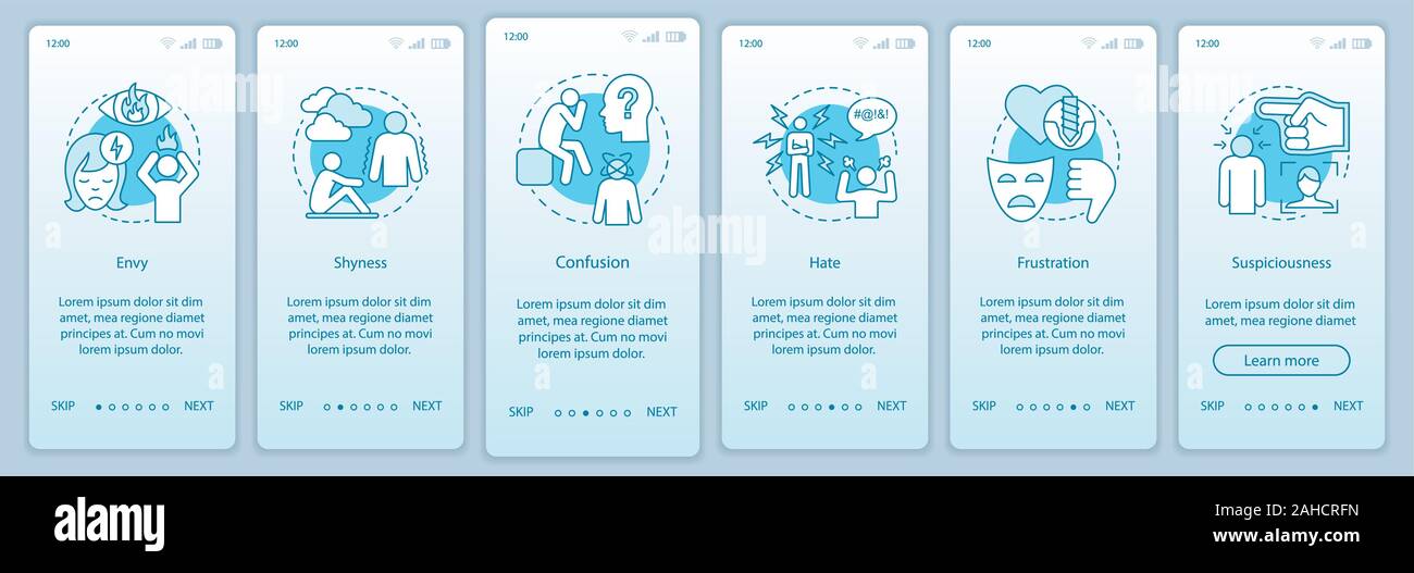 Hard feelings onboarding mobile app page screen vector template. Envy, shyness, confusion, hate, frustration. Walkthrough website steps with linear il Stock Vector