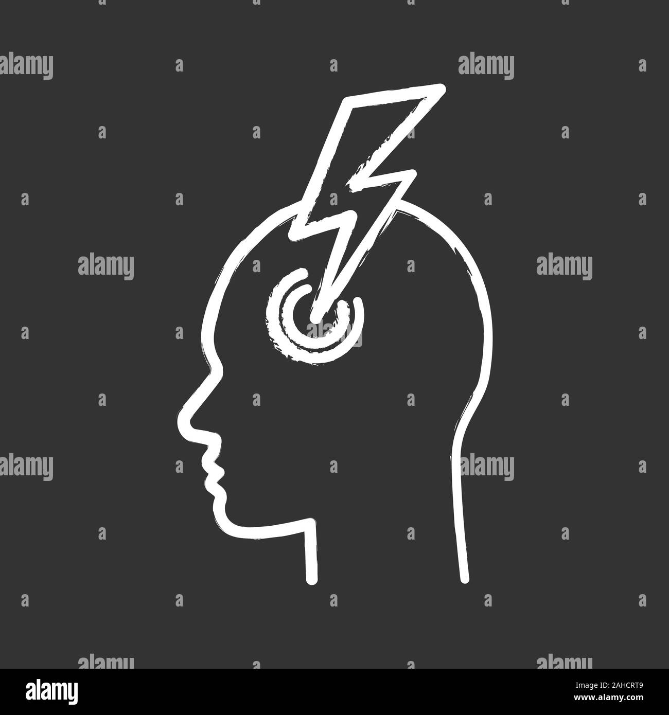 Migraine chalk icon. Human head with lightning bolt. Thunderclap