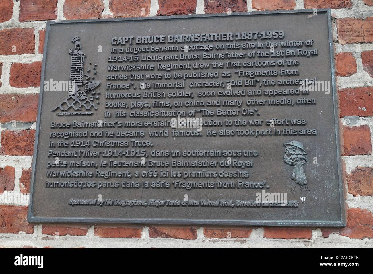 Plaque commemorating Captain Bruce Bairnsfather, creator of "Old Bill," on a cottage in St Yvon, Belgium. Stock Photo