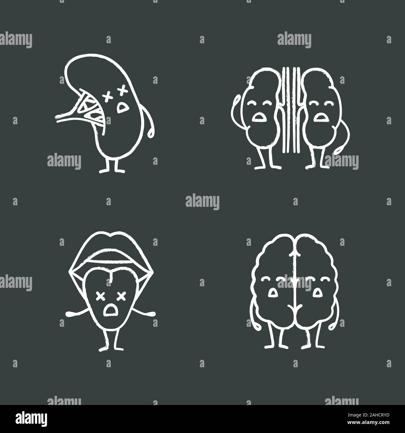 Sad human internal organs characters chalk icons set. Unhappy tongue ...