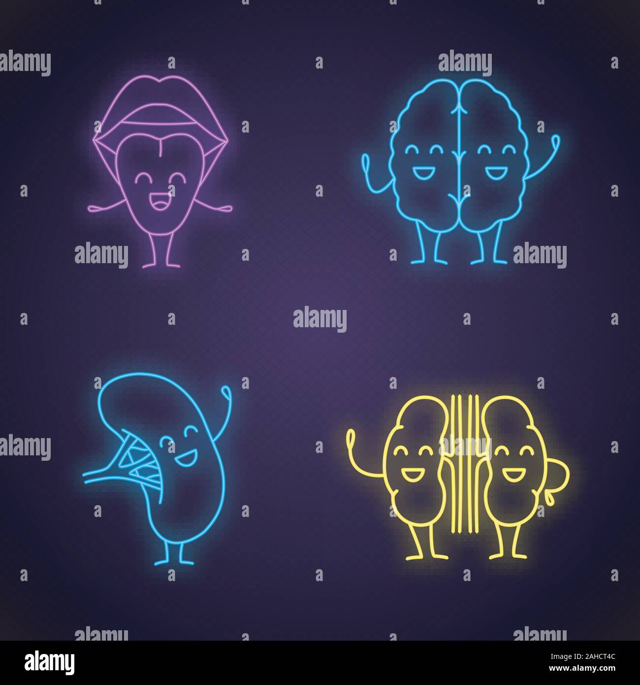Smiling human internal organs characters neon light icons set. Glowing ...