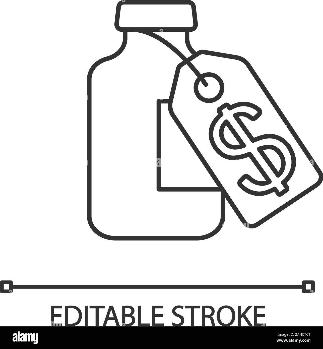 Vaccine price linear icon. Thin line illustration. Medical vial with cost label. Pharmacy. Medications, drugs with dollar tag. Contour symbol. Vector Stock Vector