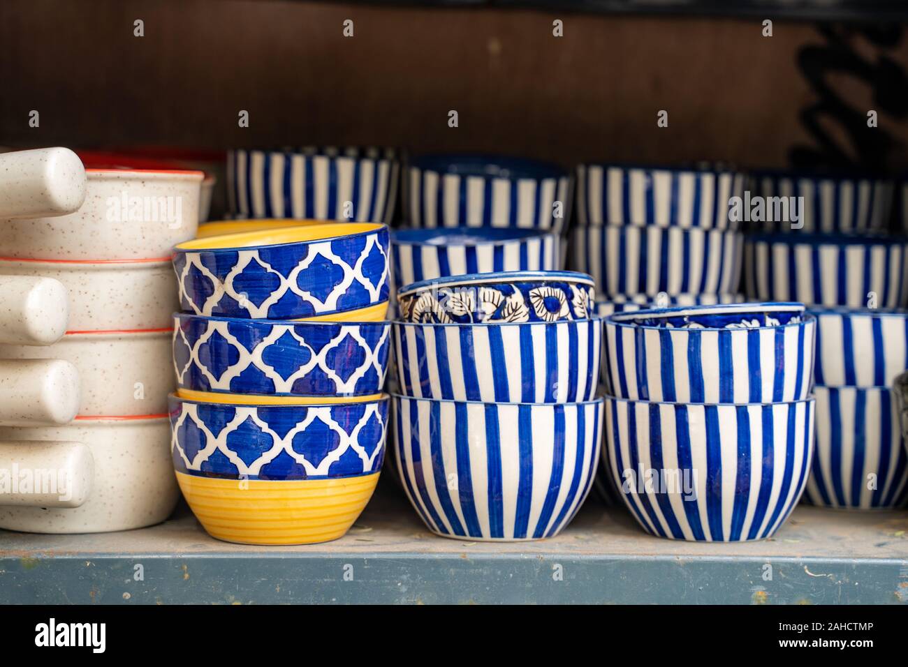 Cute ceramic cereal bowls for sale at a market in New Delhi India Stock