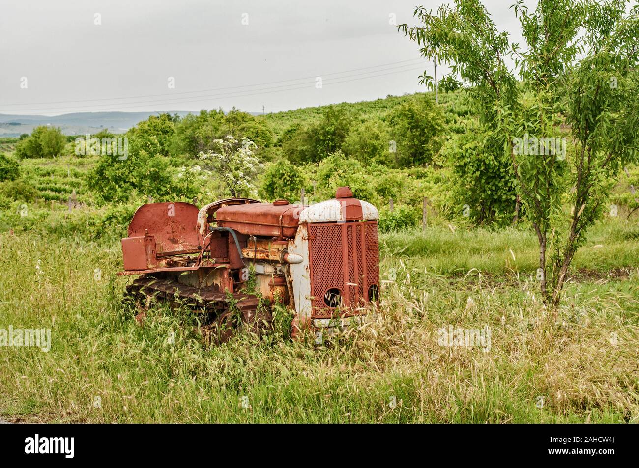 Old neglected rusty small vintage caterpillar tractor on green meadow Stock Photo