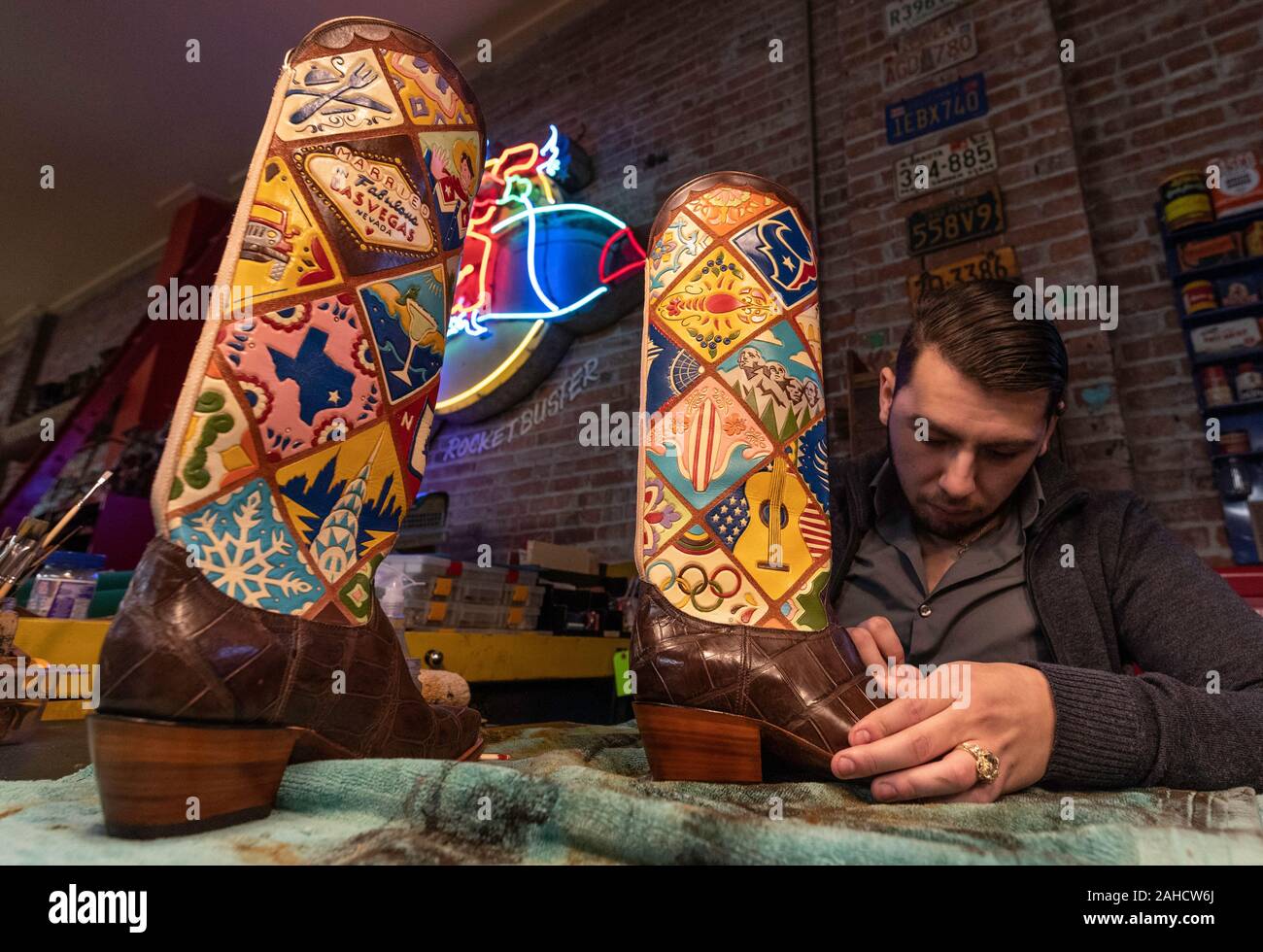 Custom boot artist, Rocketbuster Boot Company, El Paso, Texas Stock