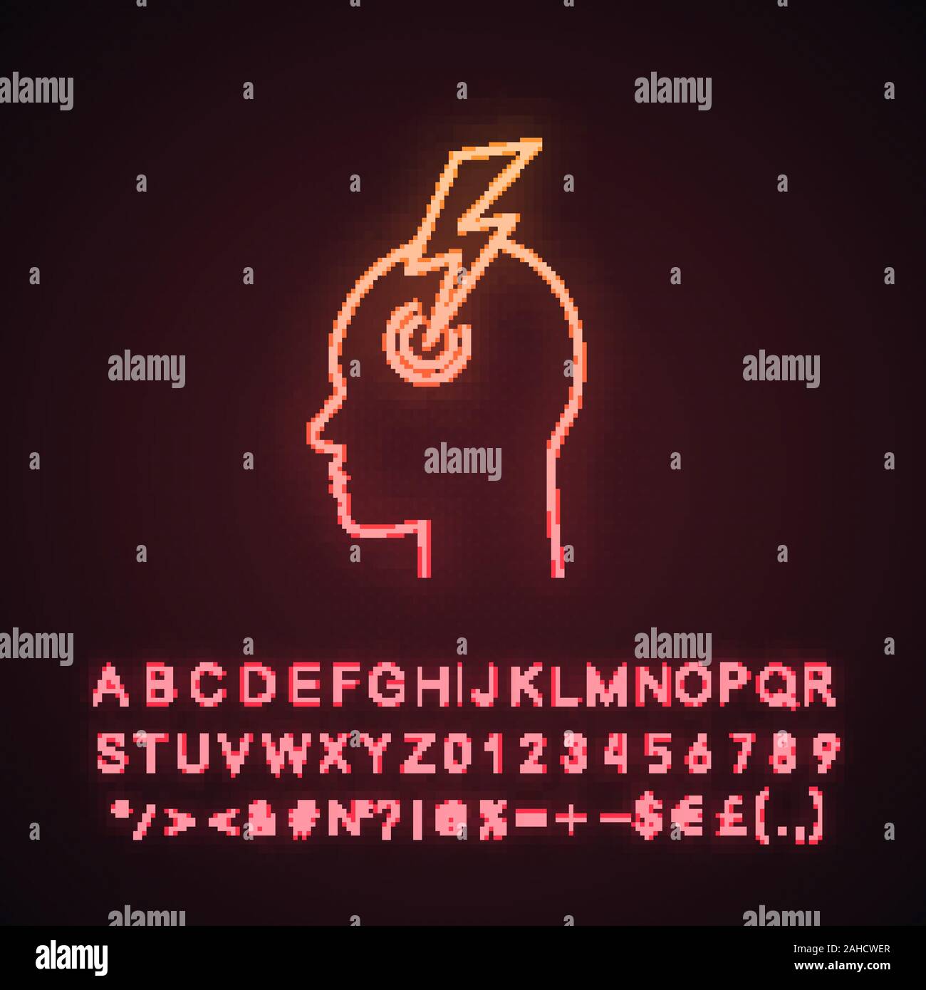 Migraine neon light icon. Human head with lightning bolt. Thunderclap