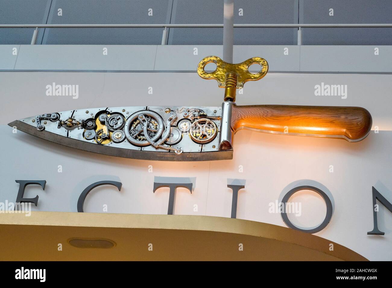 Clockwork knife, sculpture, The Perfectionists’ Café, Heathrow Airport