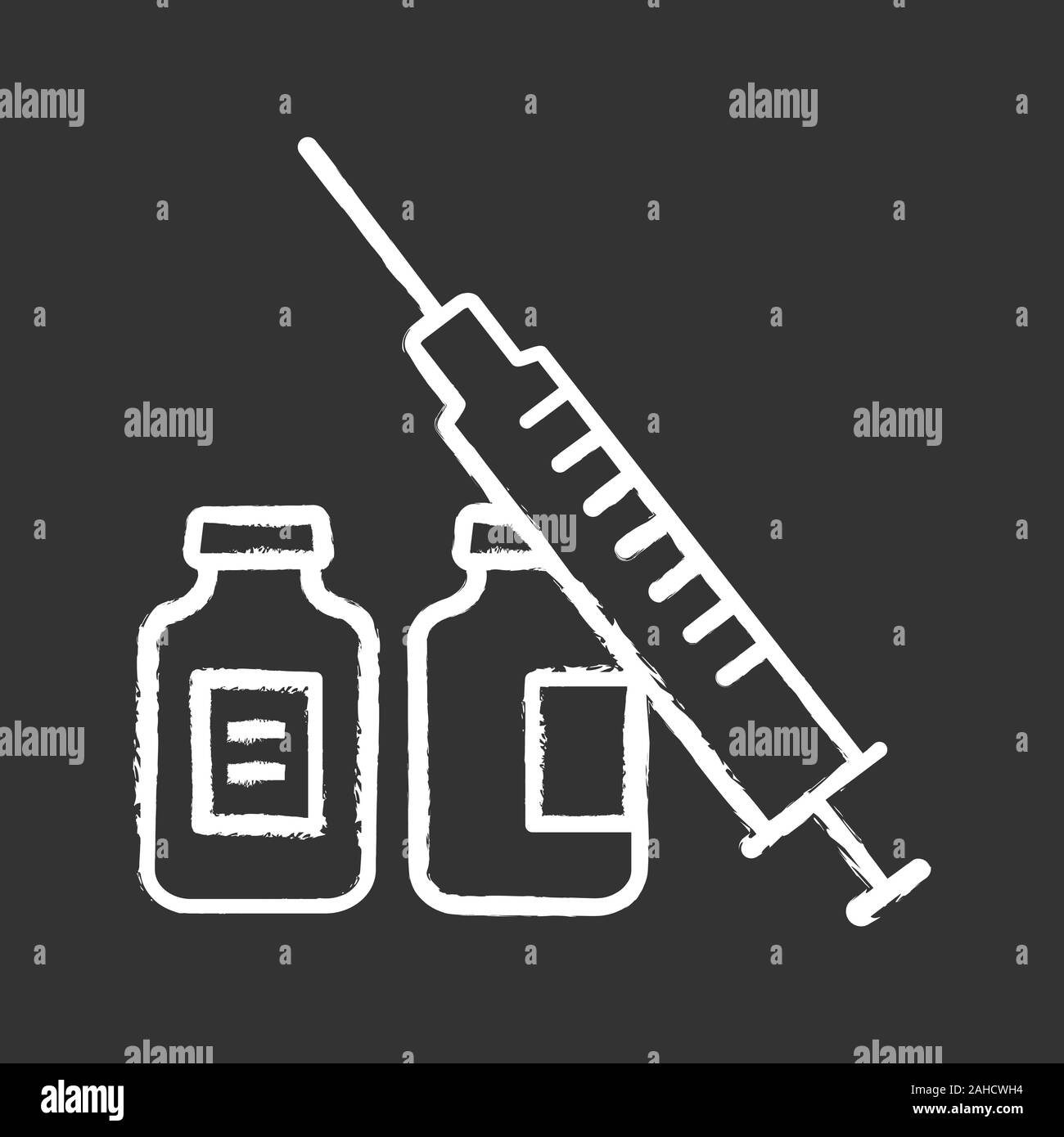 Syringe and vials chalk icon. Flu shot. Vaccination. Virus, infection prevention. Vaccine. Medications, drugs. Isolated vector chalkboard illustration Stock Vector